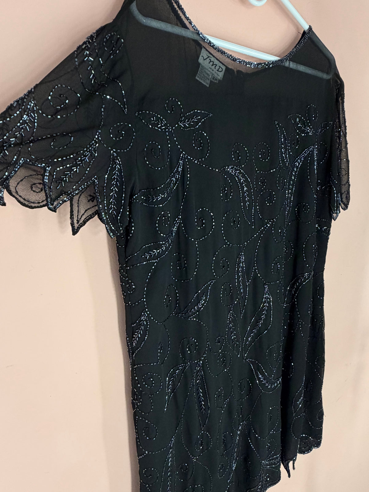 JMD New York black beaded dress, sleeve and detail angle