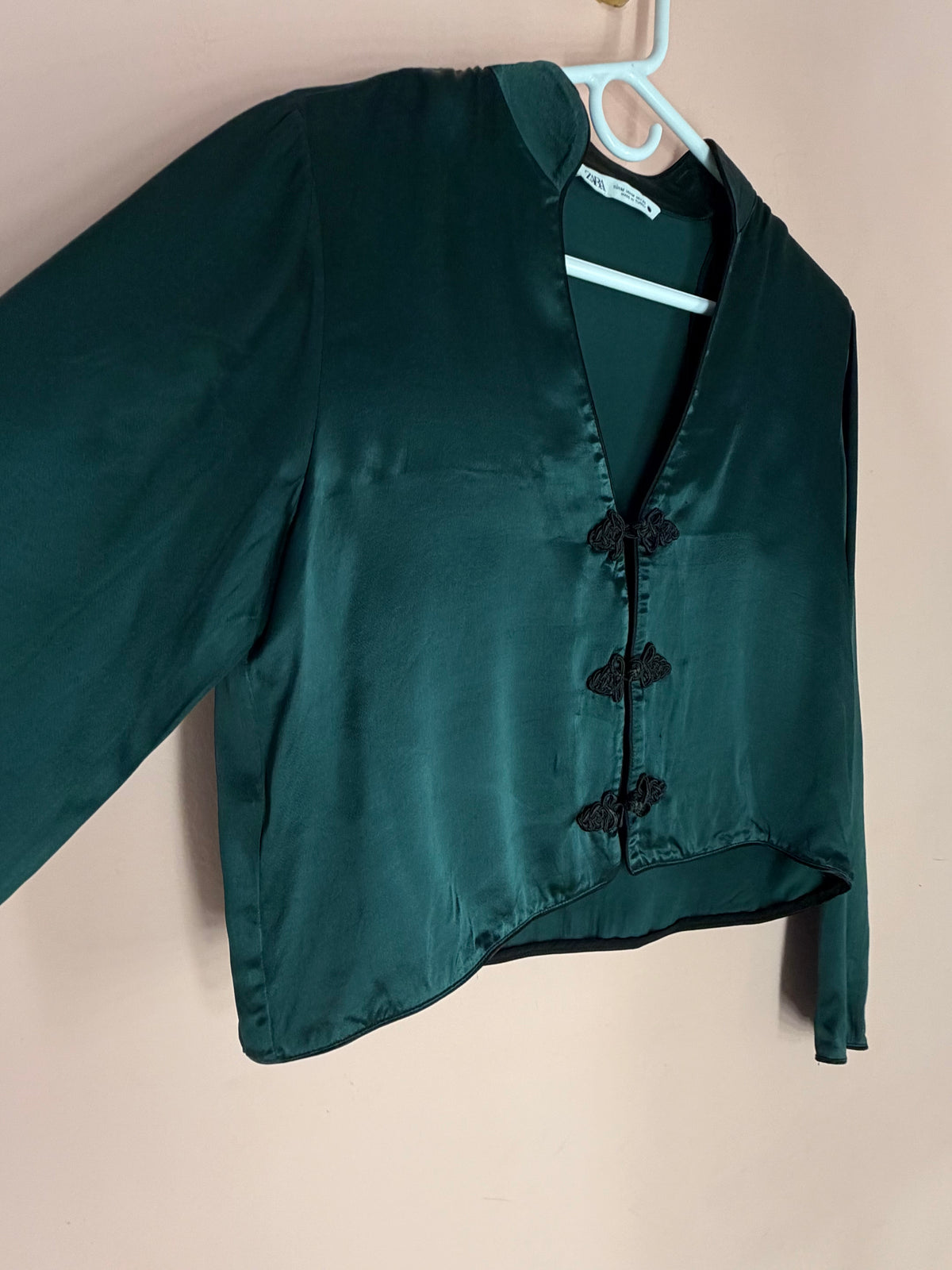 Zara emerald satin frog closure jacket, three-quarter angle