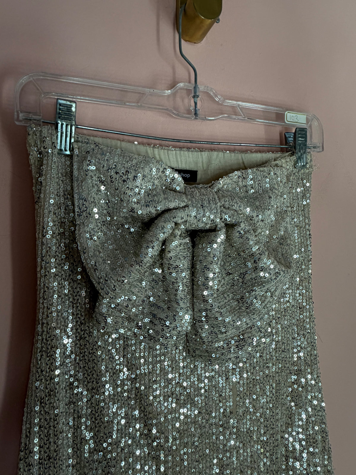 Mittoshop silver sequin strapless dress, closer view of the bow bodice
