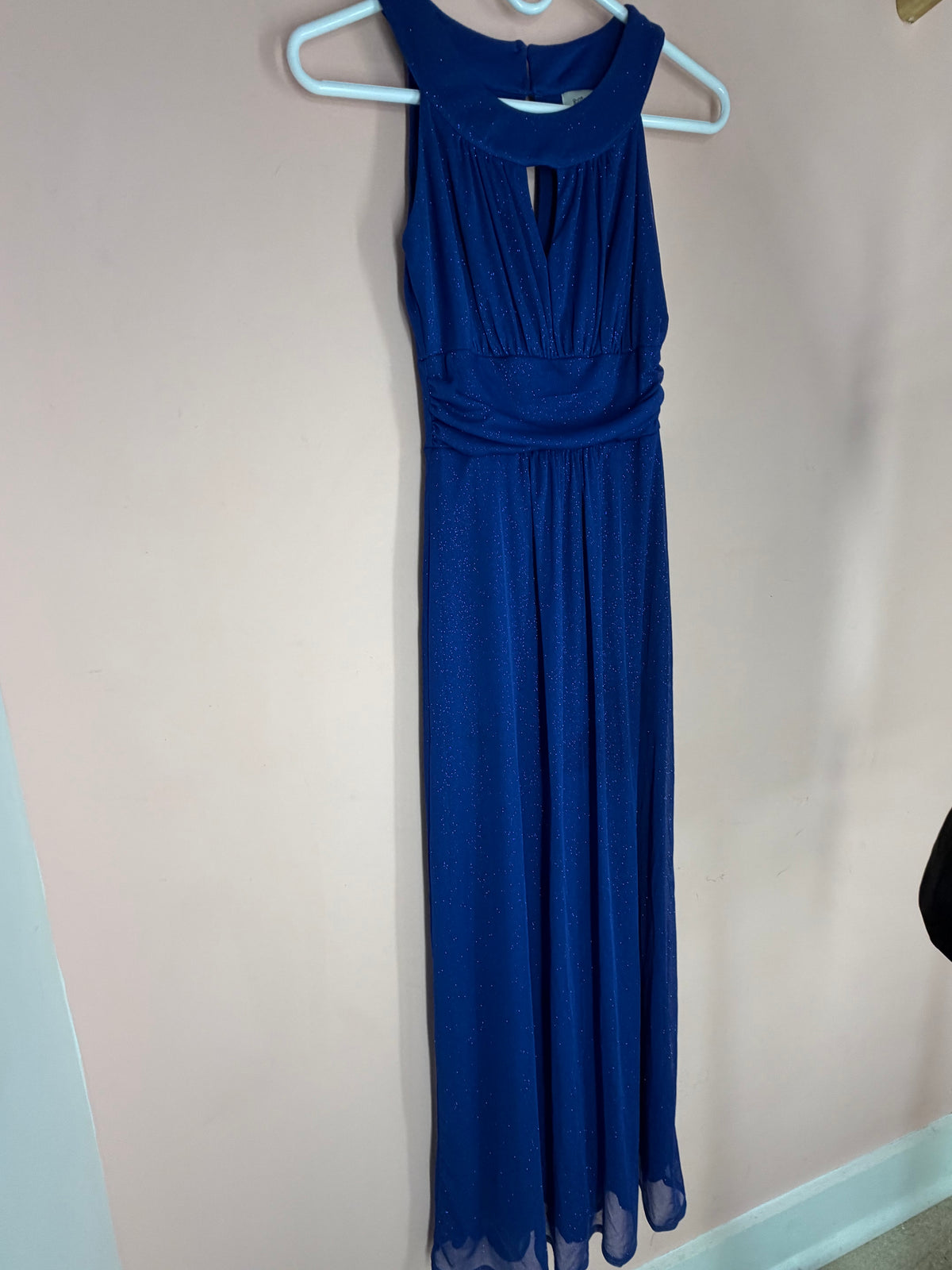 Royal blue halter maxi dress with keyhole neckline and ruched waist, full front view