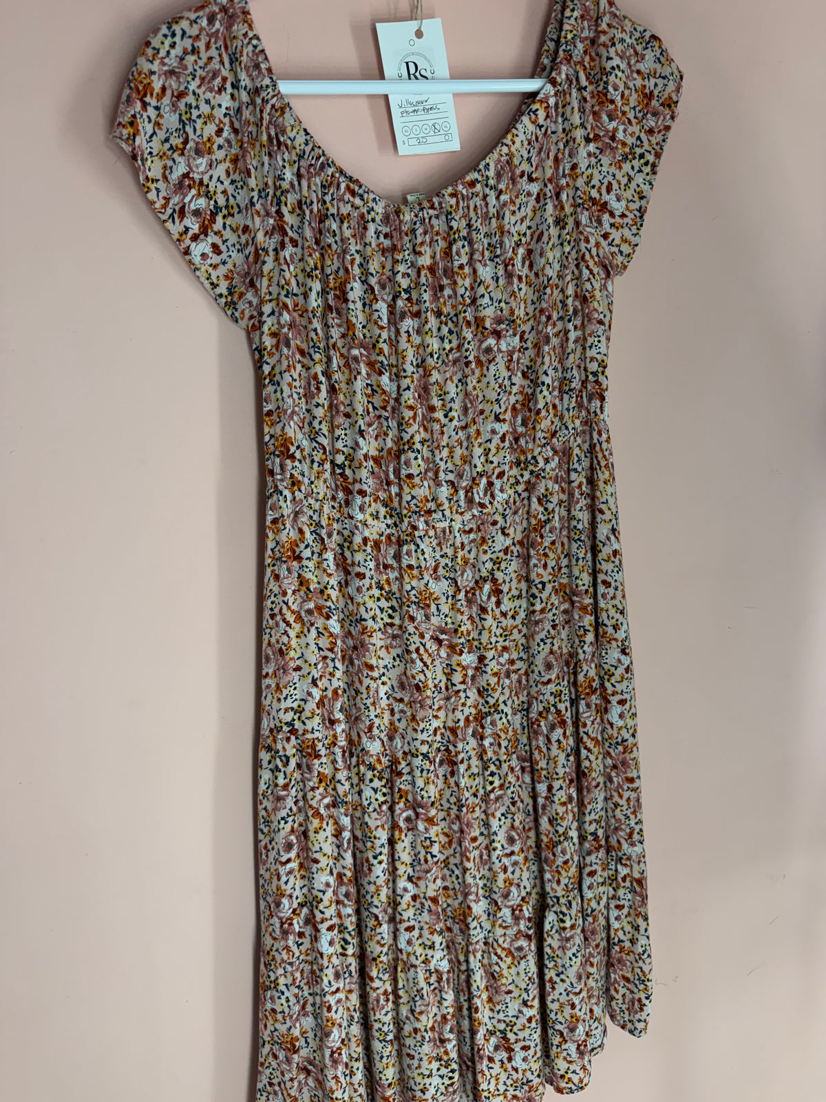 Cream ditsy floral pleated dress, front view