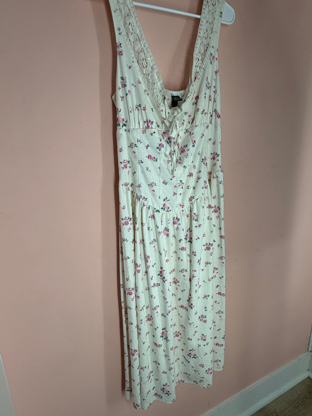 Ivory rose floral sundress with lace-trim V-neck, front view