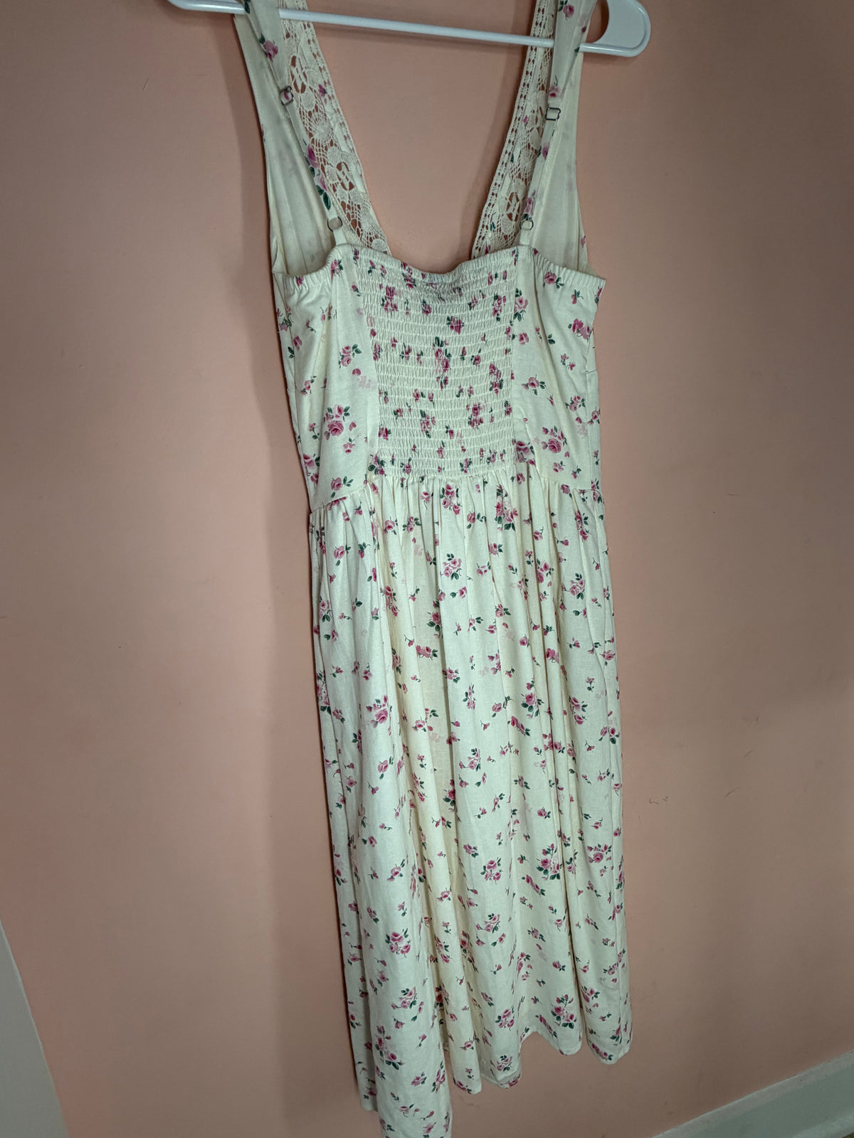 Ivory rose floral sundress, back view with smocked panel