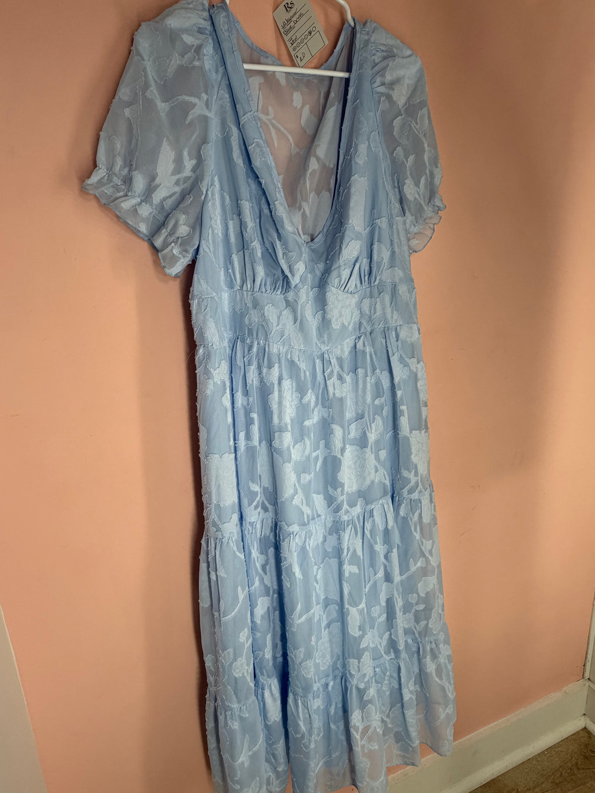 Light blue sheer floral midi dress with puff sleeves and deep V-neck, front view