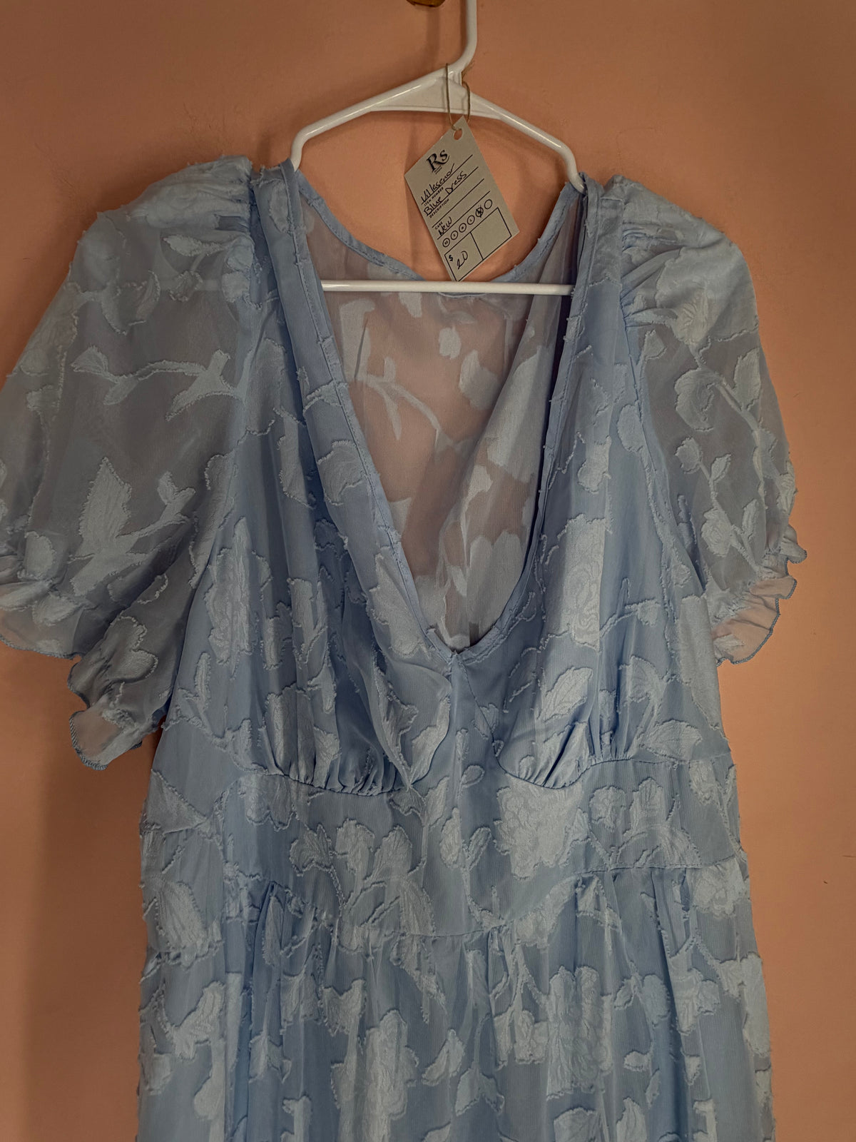 Light blue sheer floral midi dress bodice close-up