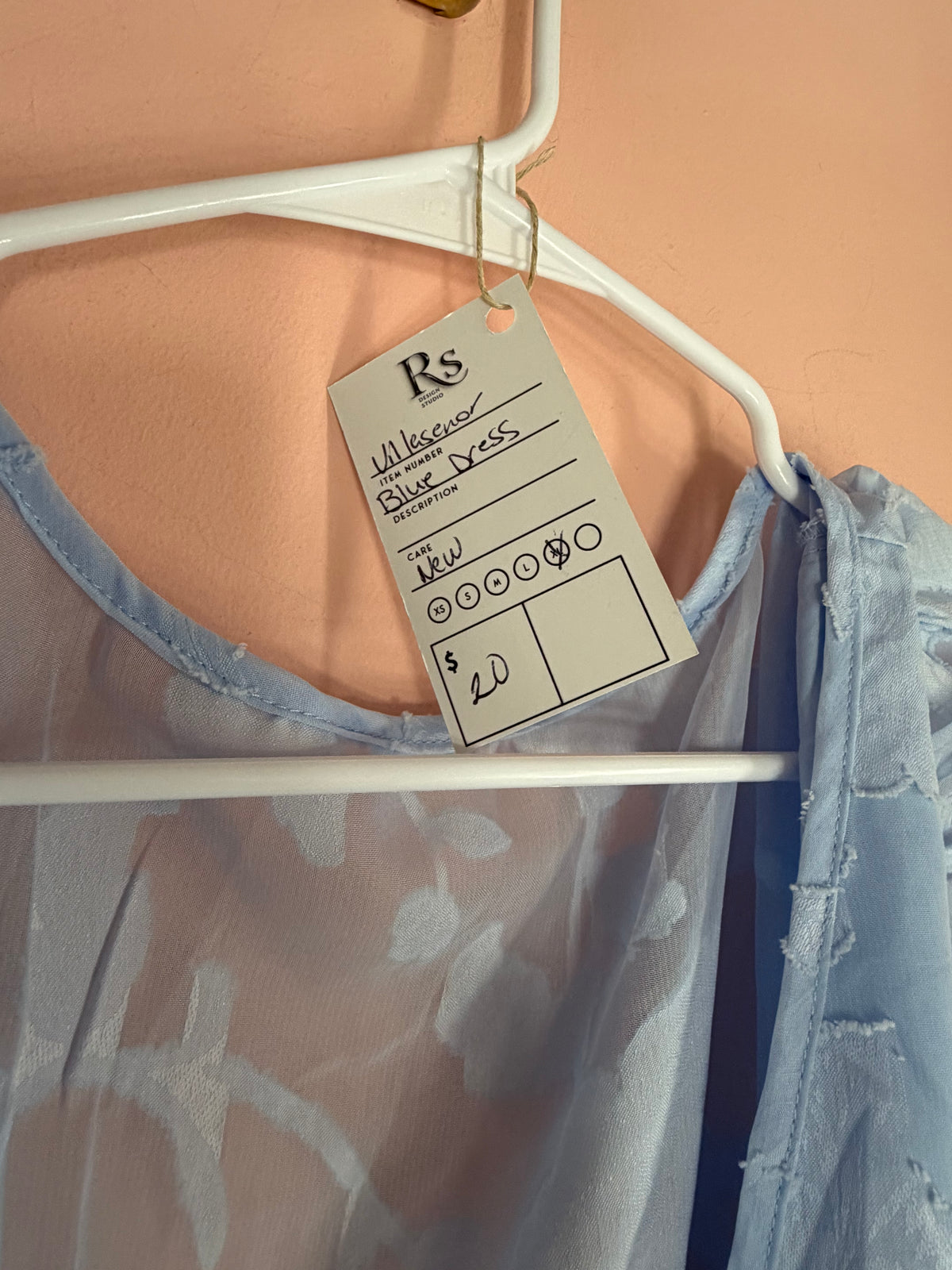 Light blue sheer floral midi dress Regul Design Studio price tag close-up, size XL