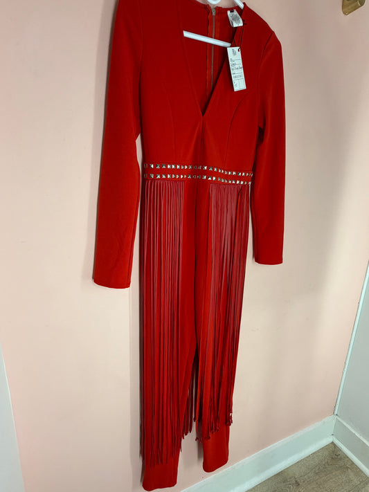 Red fringe long-sleeve jumpsuit with deep V-neck, front view
