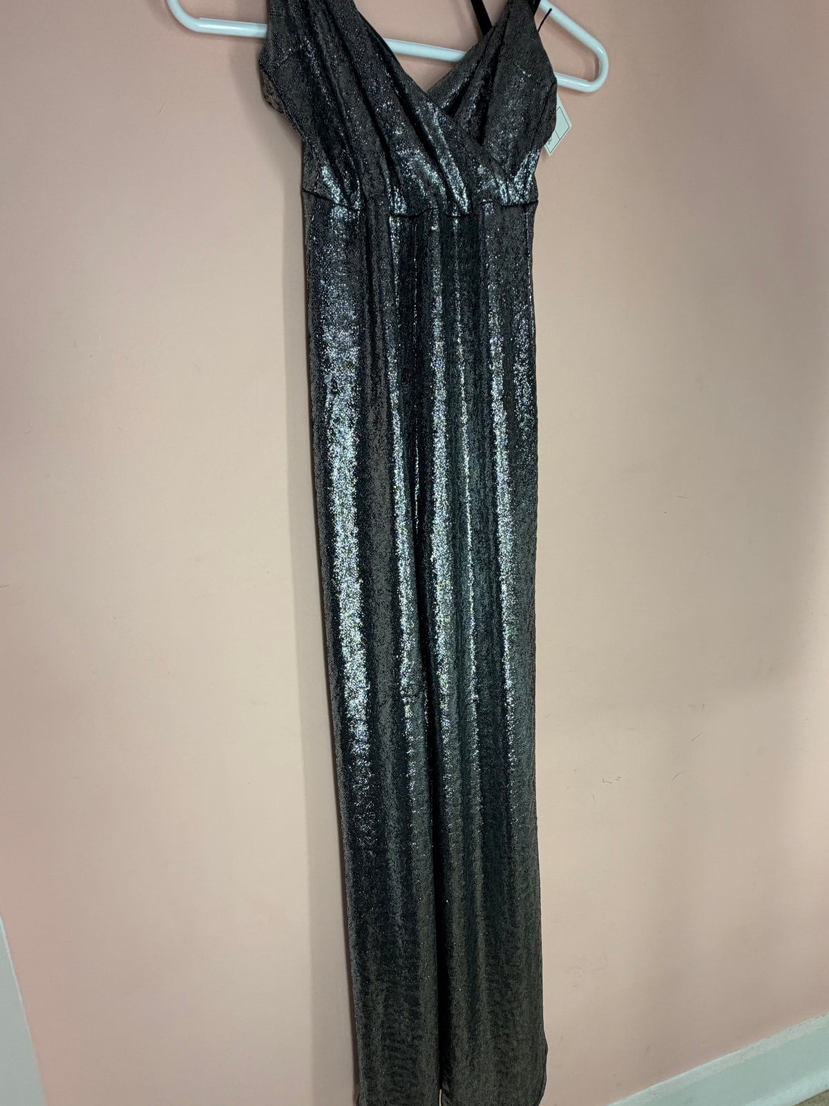 Silver metallic sleeveless wide-leg jumpsuit, full front view