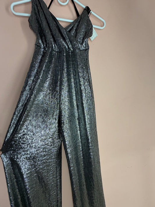 Silver metallic sleeveless jumpsuit, front view showing wide legs