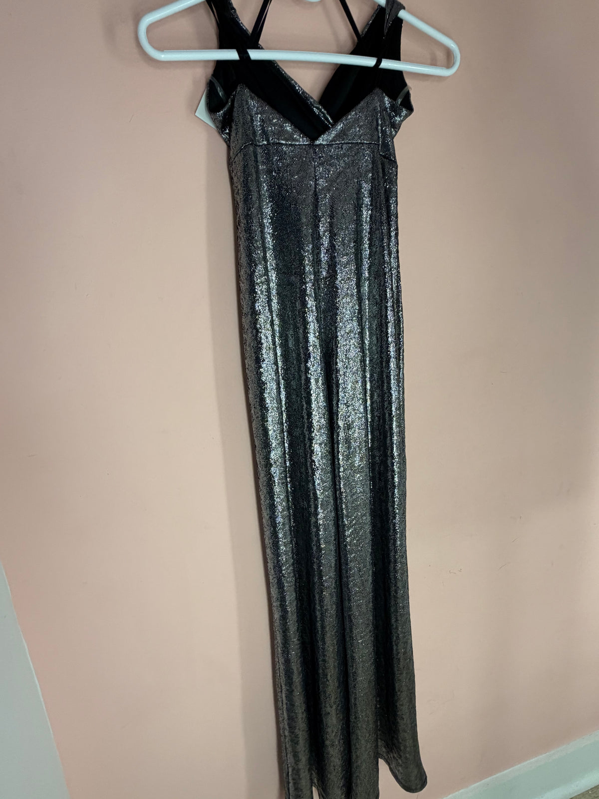 Silver metallic sleeveless wide-leg jumpsuit, back view