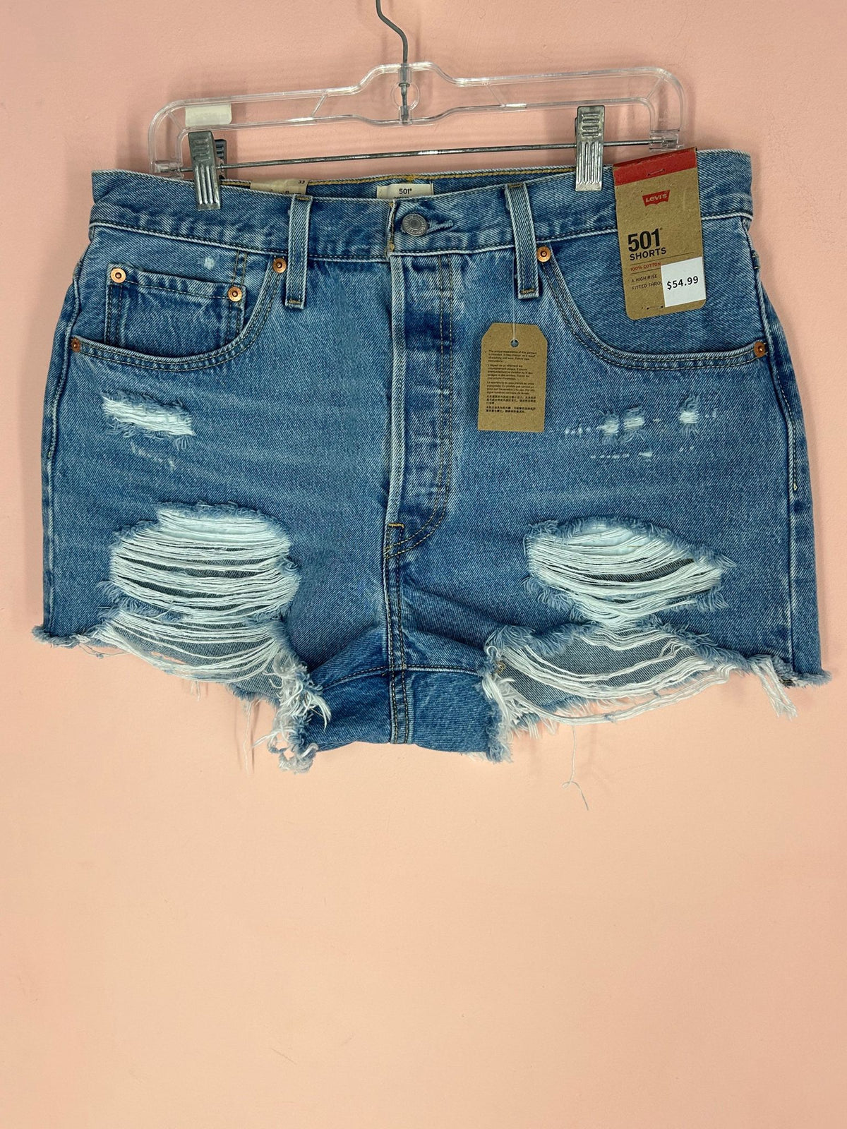 Front view of denim Cutoff Shorts for Women, Distressed 501, Levi's