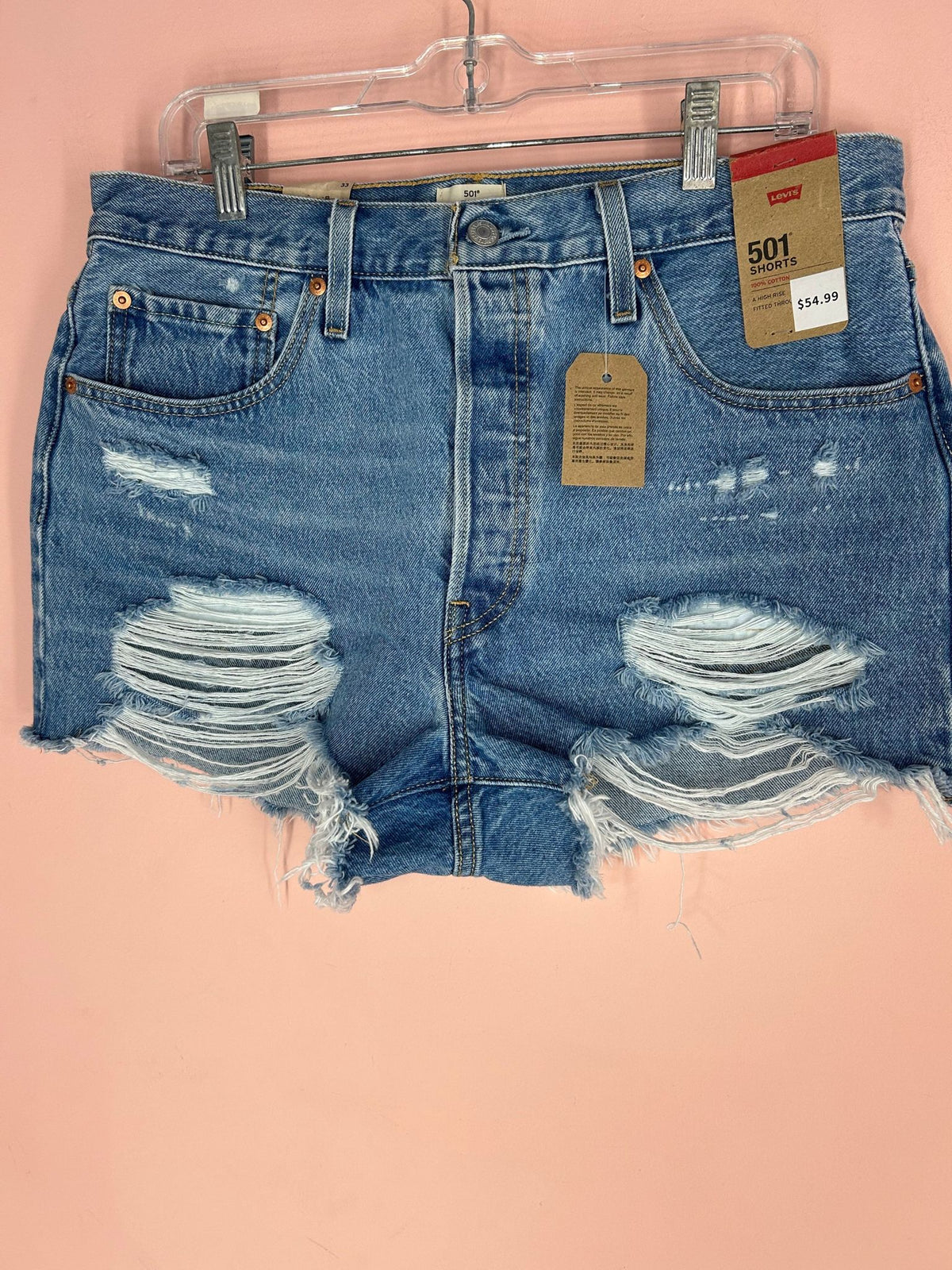 Front view of denim Cutoff Shorts for Women, Distressed 501, Levi's