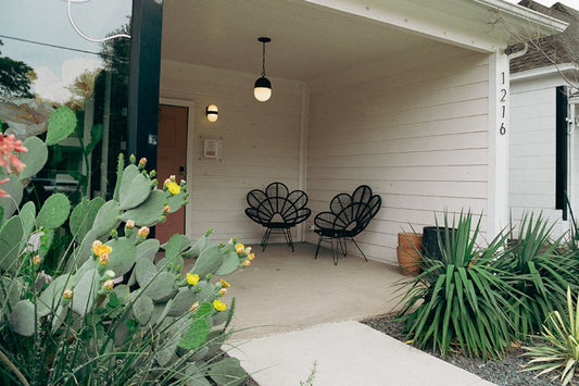 A quiet white porch with two black peacock-style chairs and a blooming prickly pear cactus in the foreground