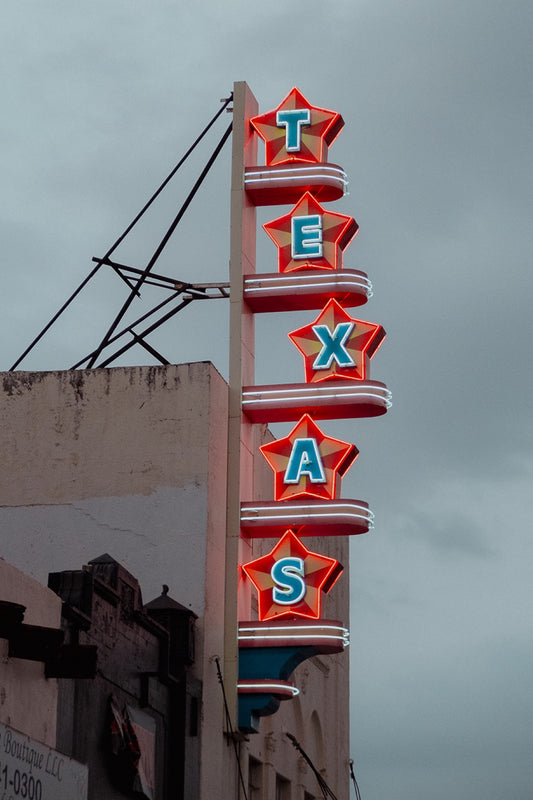 A tall vertical neon sign spelling TEXAS in turquoise letters inside red stars against a gray sky