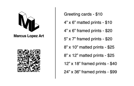 Marcus Lopez Art price list — every photograph is offered in these formats, in the studio and online.