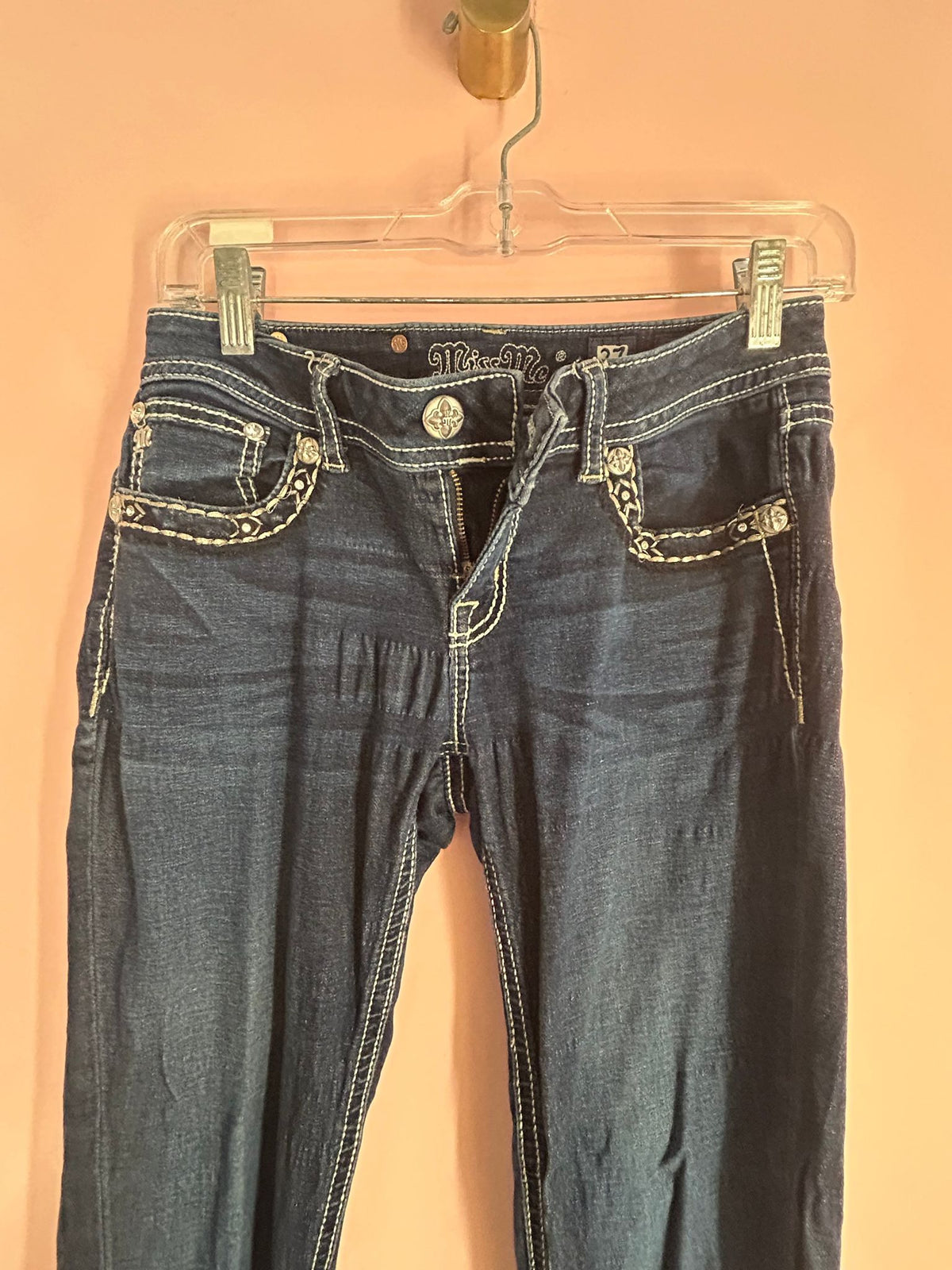 Front view of embellished Bootcut Jeans for Women, Faded Black Gold Rhinestone Pockets, Miss Me