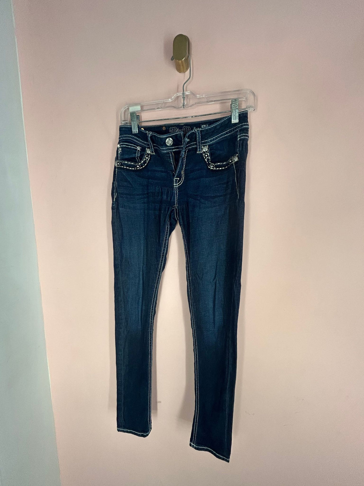 Front view of rhinestone Skinny Jeans for Women, Dark Indigo, Miss Me