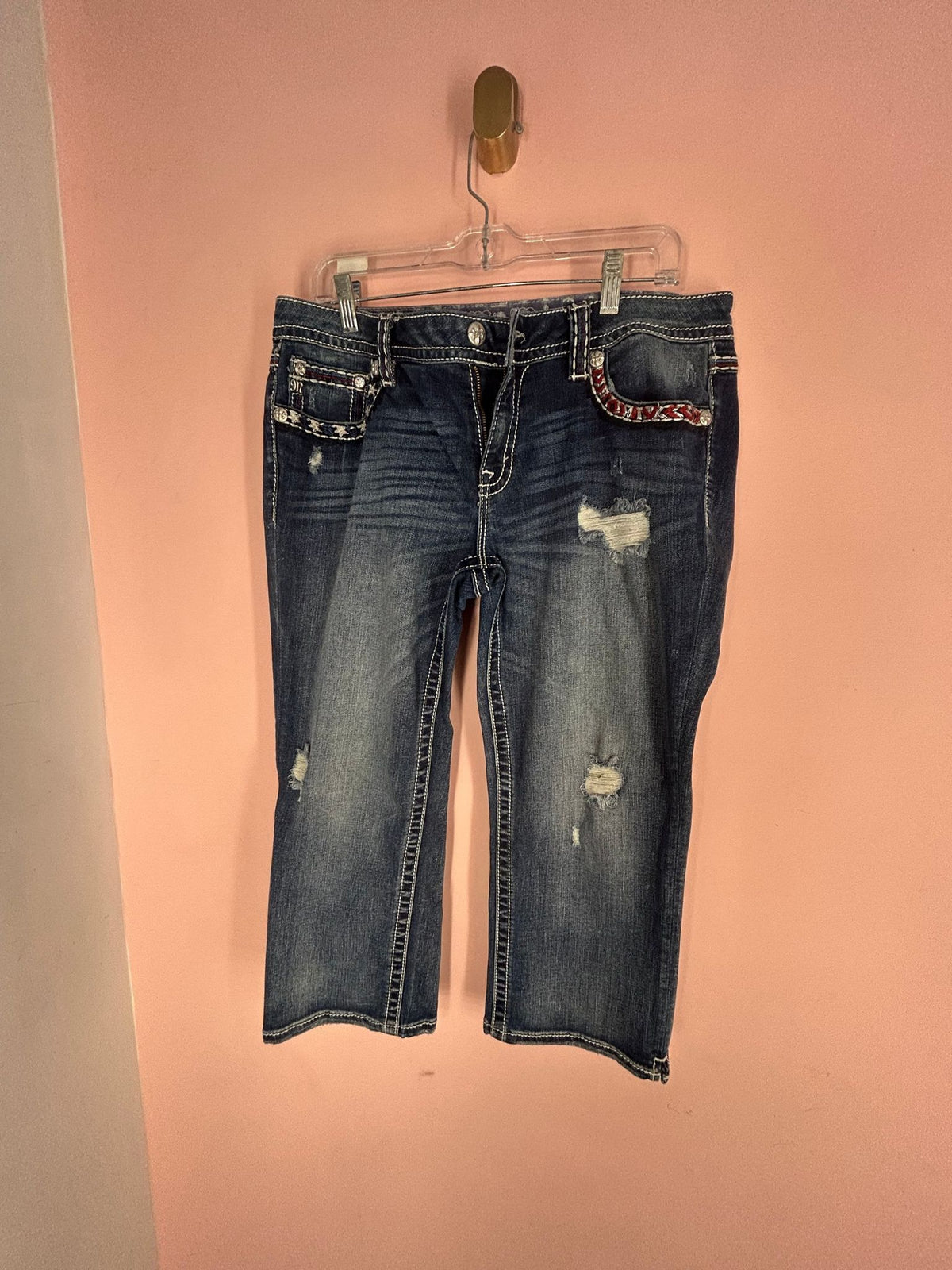 Front view of distressed Bootcut Jeans for Women, Americana Flag Pockets, Miss Me