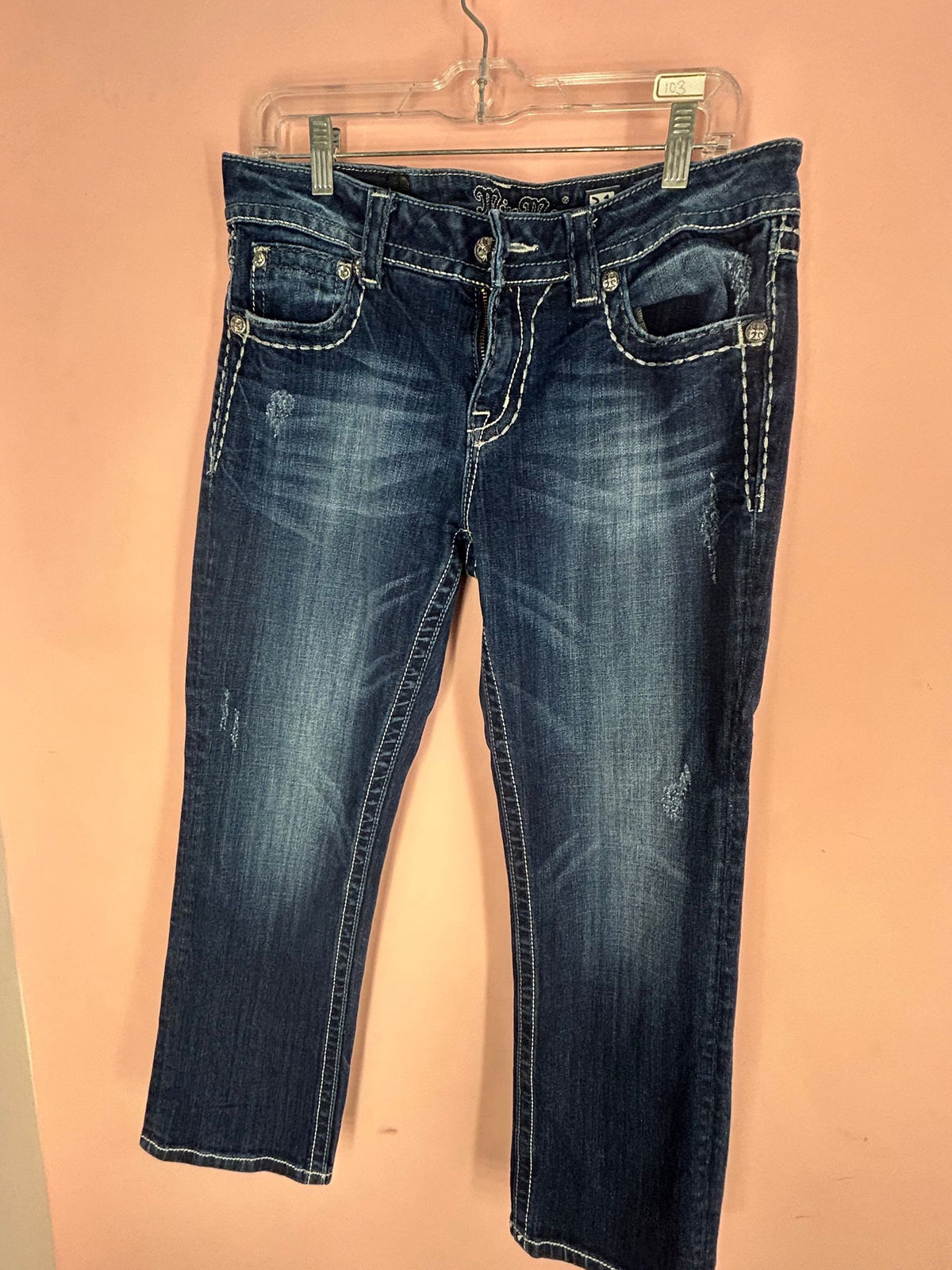 Front view of embroidered Skinny Jeans for Women, Dark Wash Cross Pockets, Miss Me
