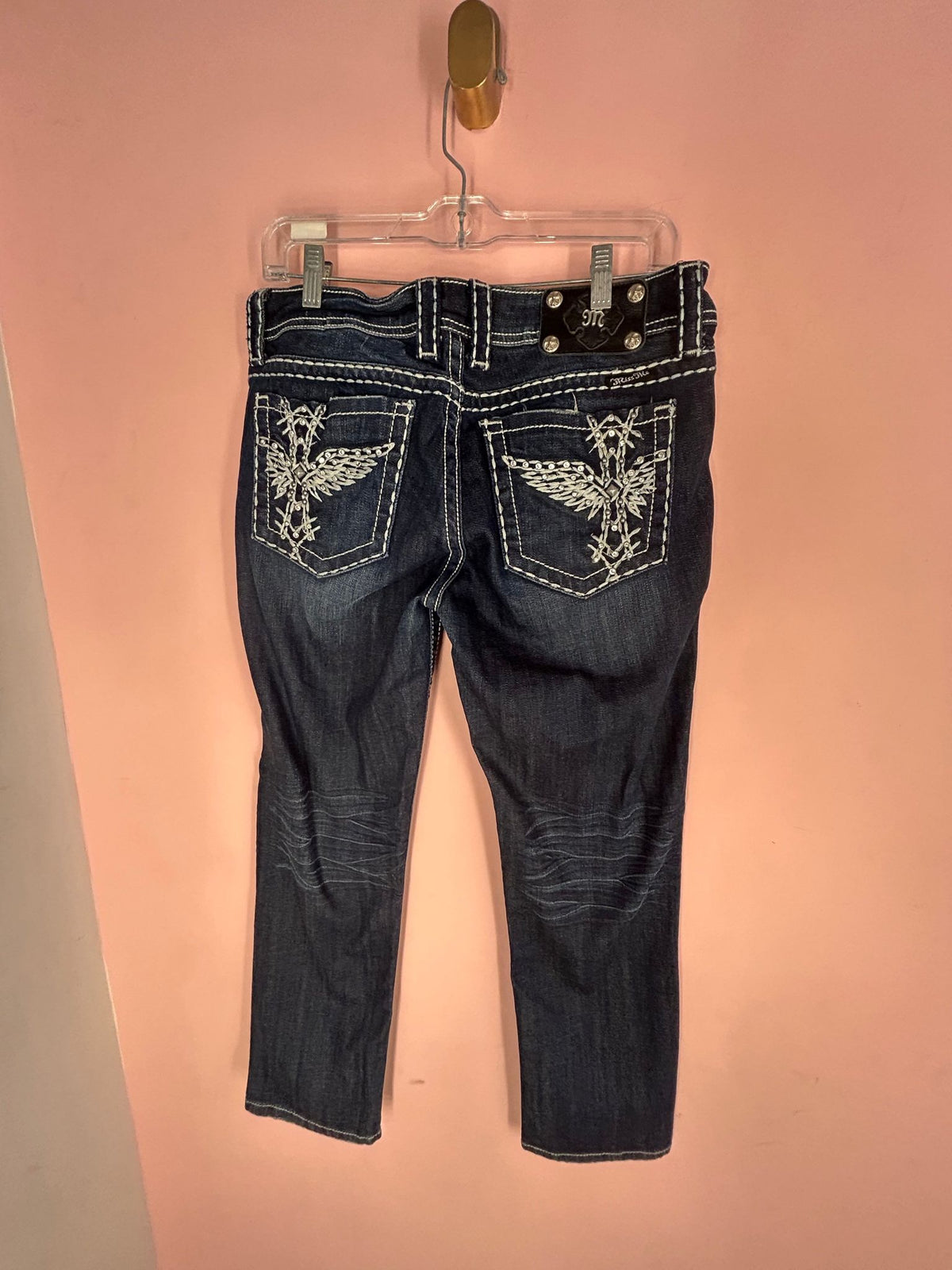 Back view of embroidered Jeans for Women, Black Wash Wing Pockets, Miss Me