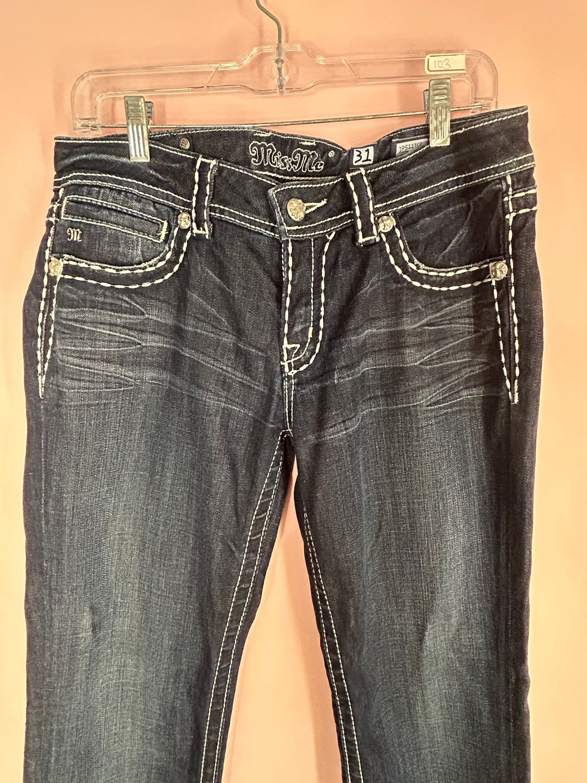 Front view of embroidered Jeans for Women, Black Wash Wing Pockets, Miss Me