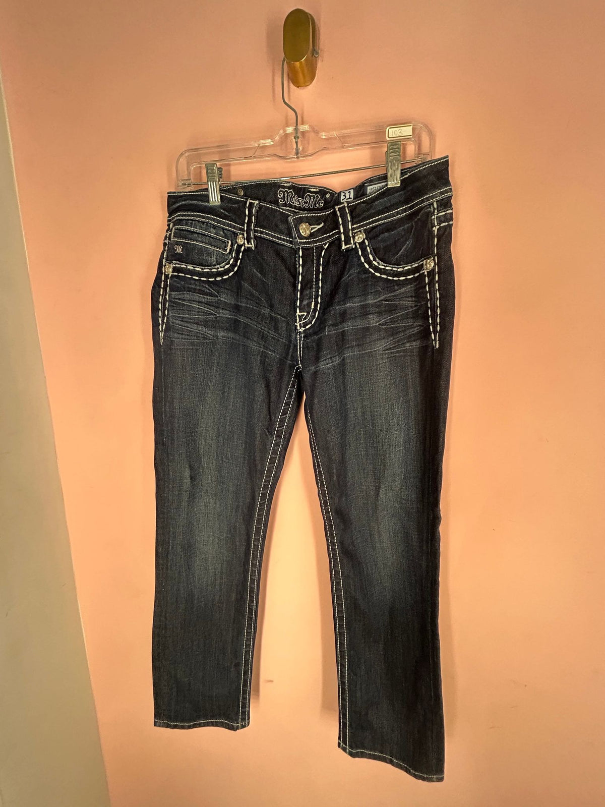 Front view of embroidered Jeans for Women, Black Wash Wing Pockets, Miss Me