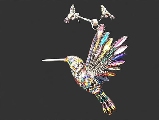 Front view of swarovski Hummingbird Crystal Jewelry Set, Necklace & Earrings