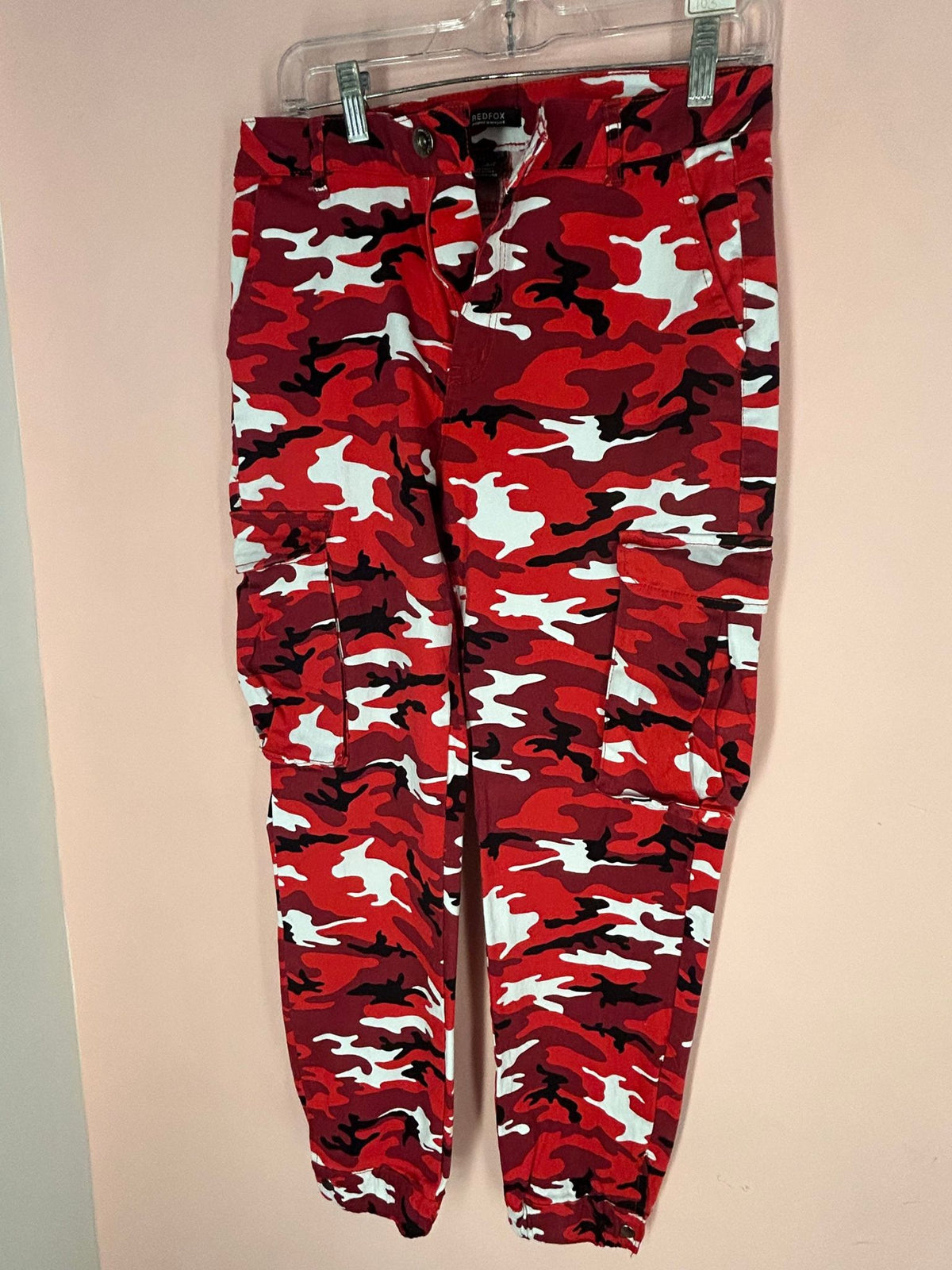 Front view of camo Print Pants for Women, Red White and Black, Redfox