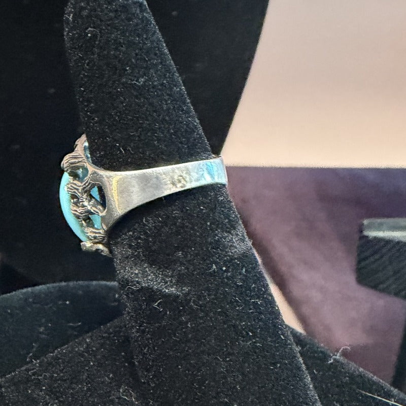 Side view - Genuine Turquoise Oval Ring Pale Sky Blue Hand-Carved Sterling Silver