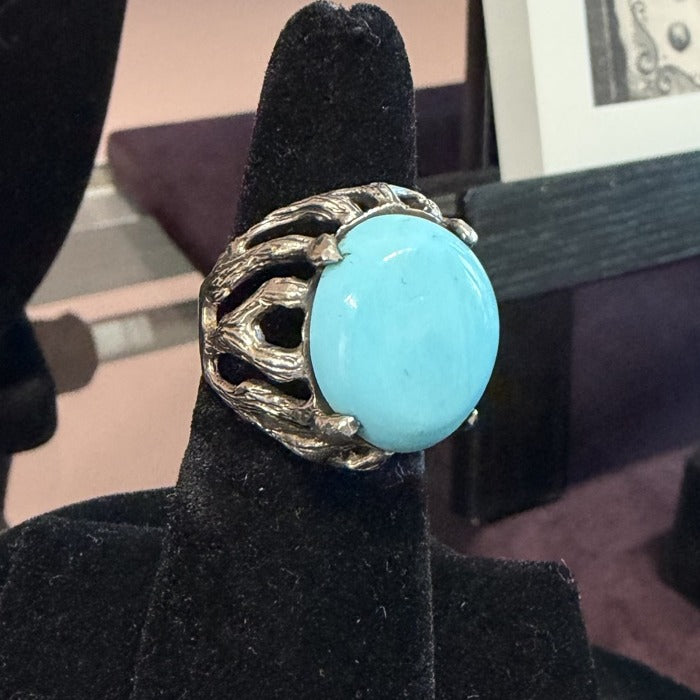 Genuine Turquoise Oval Ring Pale Sky Blue Hand-Carved Sterling Silver Size 6.5