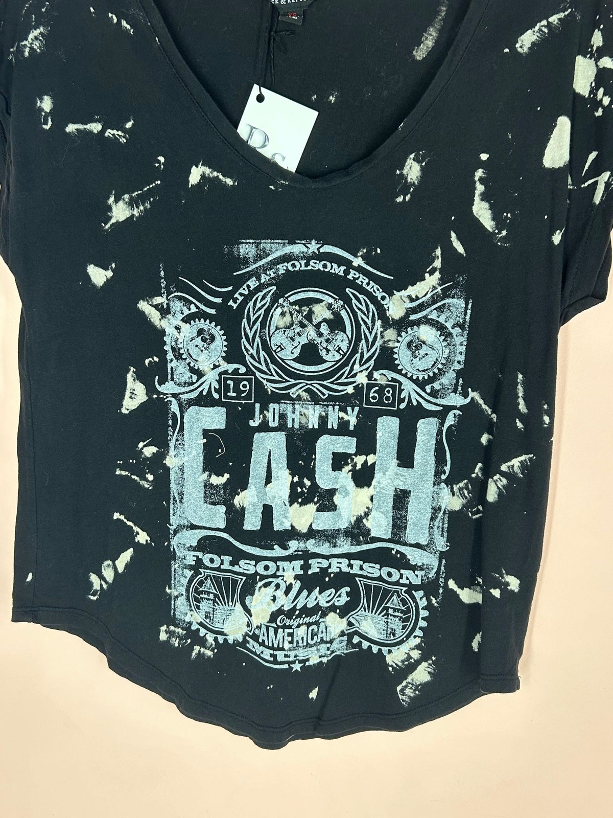 Detail view of johnny Cash Graphic Tee for Women, Bleached V-Neck, Rock & Republic