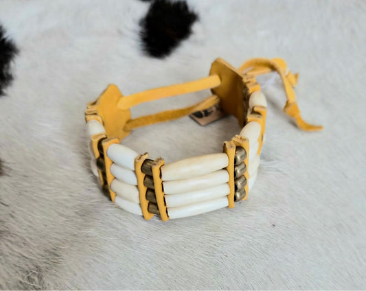 Front view of white Bone Hairpipe Bracelet with Brass Beads - Southwest by Design