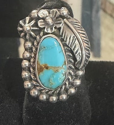 Front view of turquoise Ring, Sterling Silver, Nacozari, Oval Solitaire, Size 8