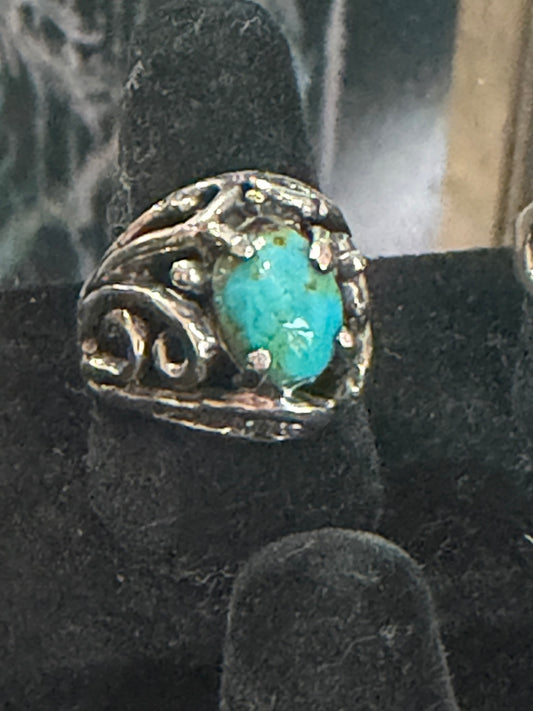 Front view of turquoise Ring, Sterling Silver, Tyrone, Oval Solitaire, Size 8