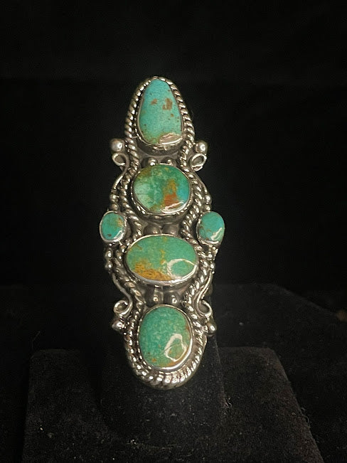 Front view of turquoise Ring, Sterling Silver, Tyrone, Multi-Stone, Size 7
