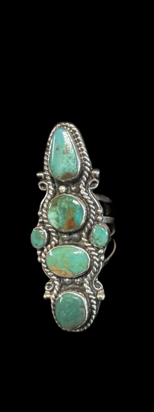 Front view of turquoise Ring, Sterling Silver, Tyrone, Multi-Stone, Size 7