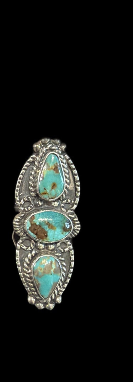 Front view of turquoise Ring, Sterling Silver, Tyrone, Three-Stone, Size 8