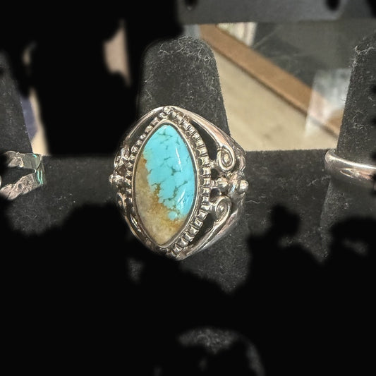 Back view of turquoise Ring, Sterling Silver, Nacozari, Marquise Solitaire, Size 7.5