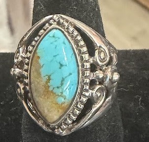 Front view of turquoise Ring, Sterling Silver, Nacozari, Marquise Solitaire, Size 7.5