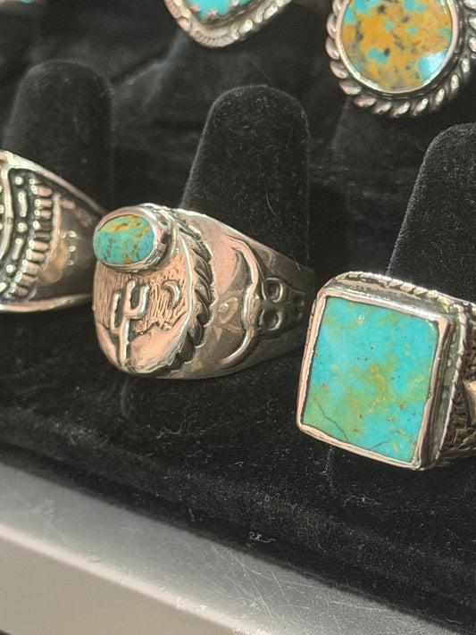 Front view of turquoise Ring, Sterling Silver, Tyrone, Square Solitaire, Size 10