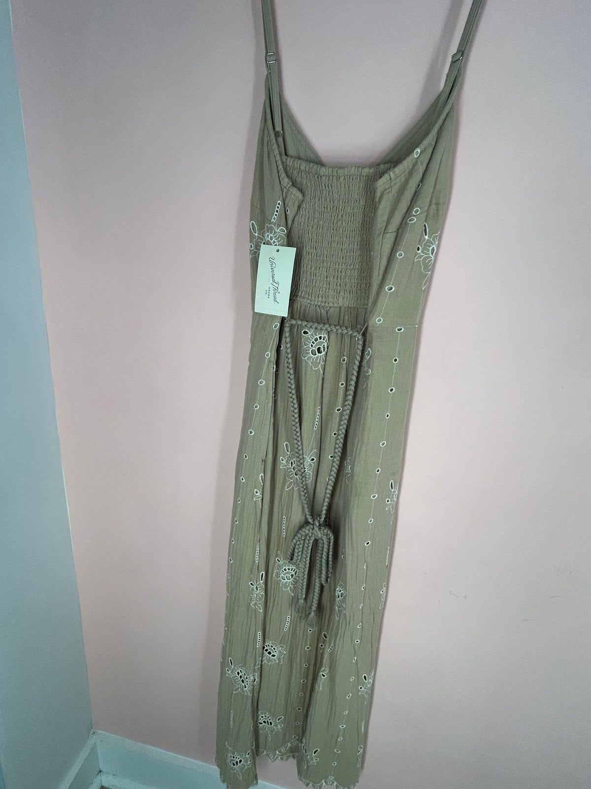 Back view of eyelet Dress for Women, Sage Green Embroidered, Universal Thread