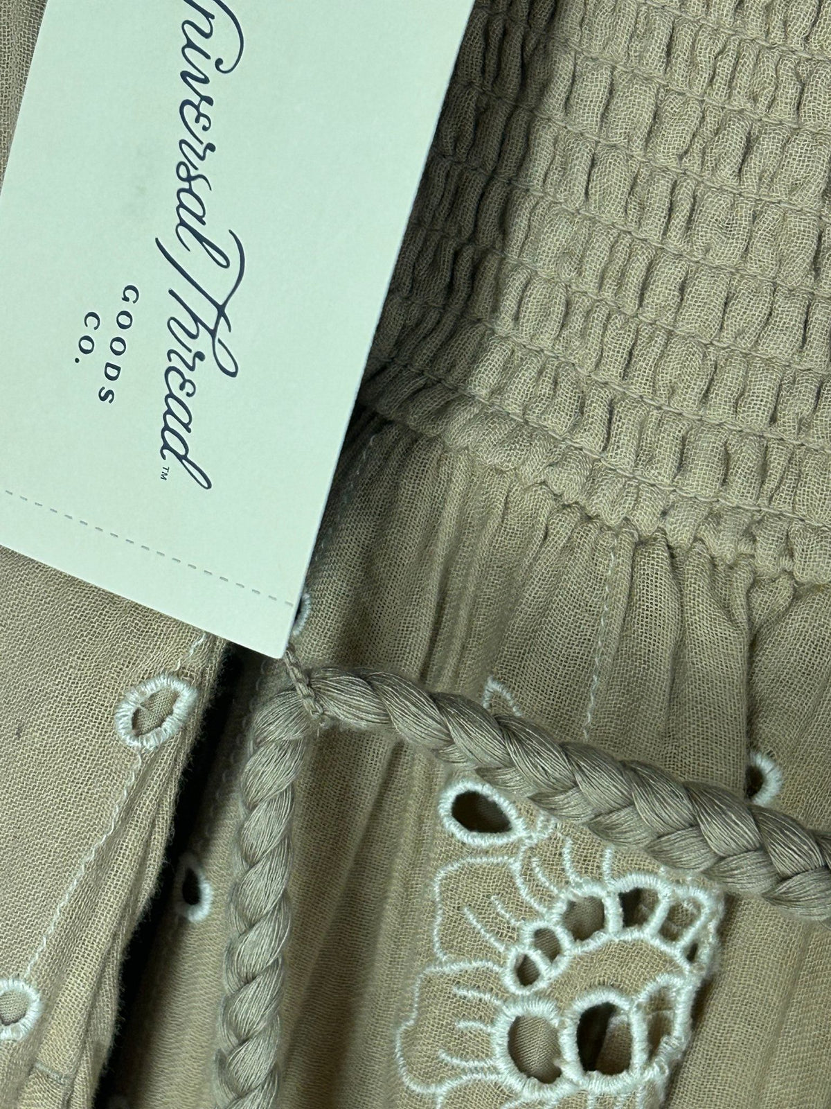 Detail view of eyelet Dress for Women, Sage Green Embroidered, Universal Thread