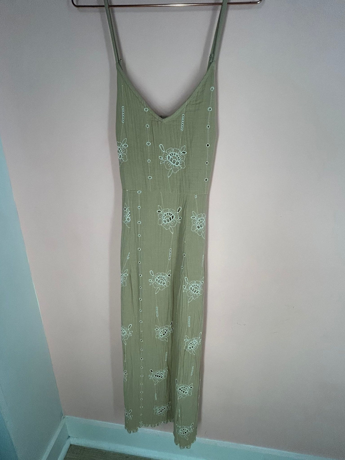 Front view of eyelet Dress for Women, Sage Green Embroidered, Universal Thread
