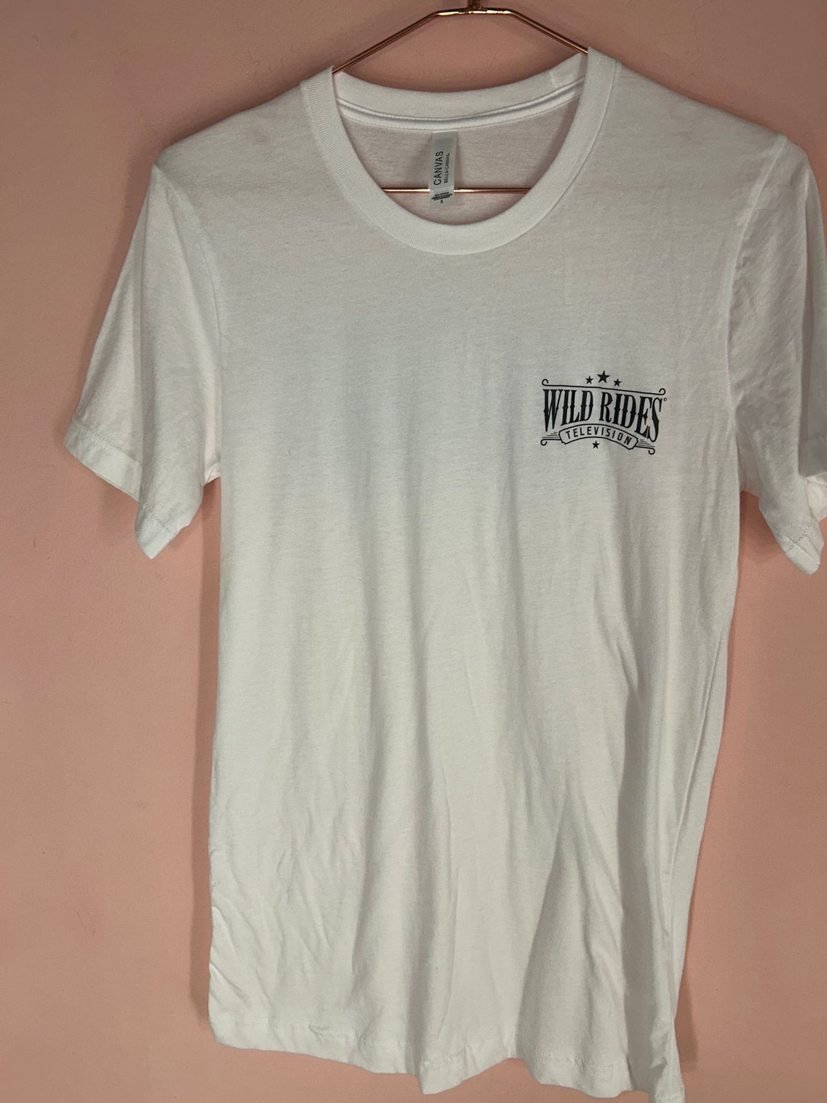 Back view of western Graphic Tee for Women, 'Wild Rides Television' Big Back Print