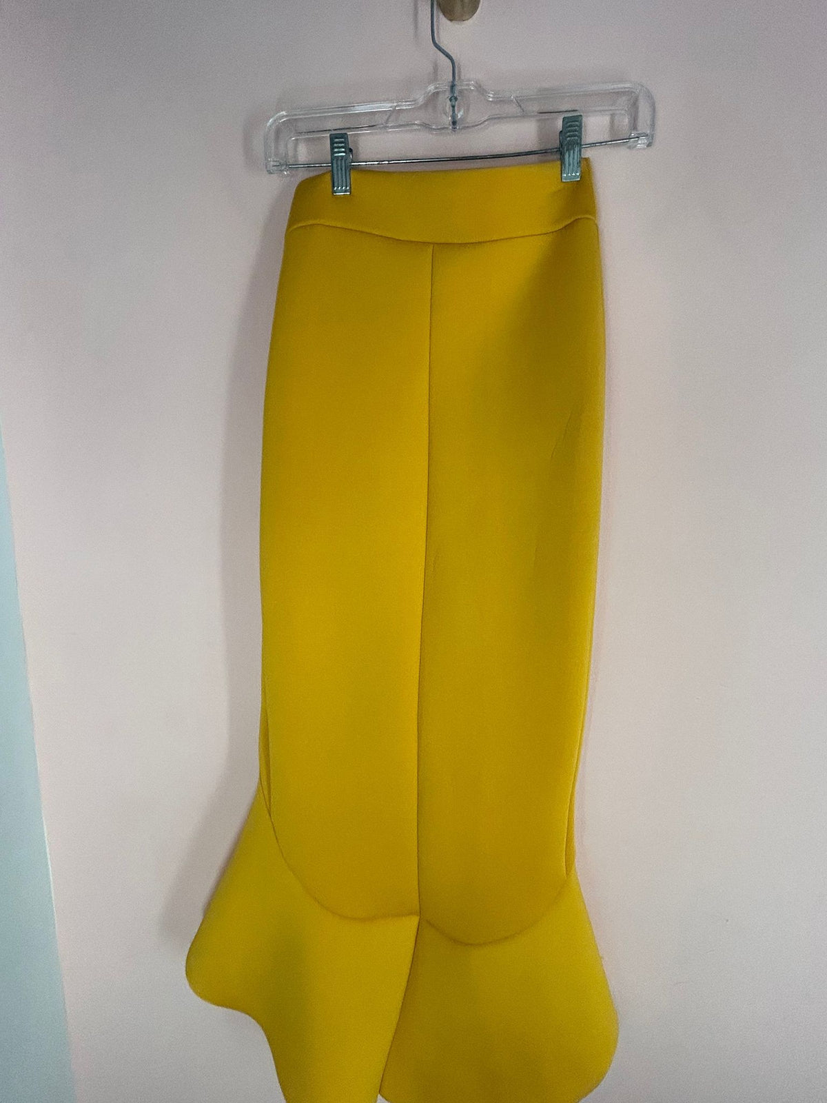 Back view of midi Skirt for Women, Mustard Yellow Ruffle Mermaid Hem, Winwin Apparel