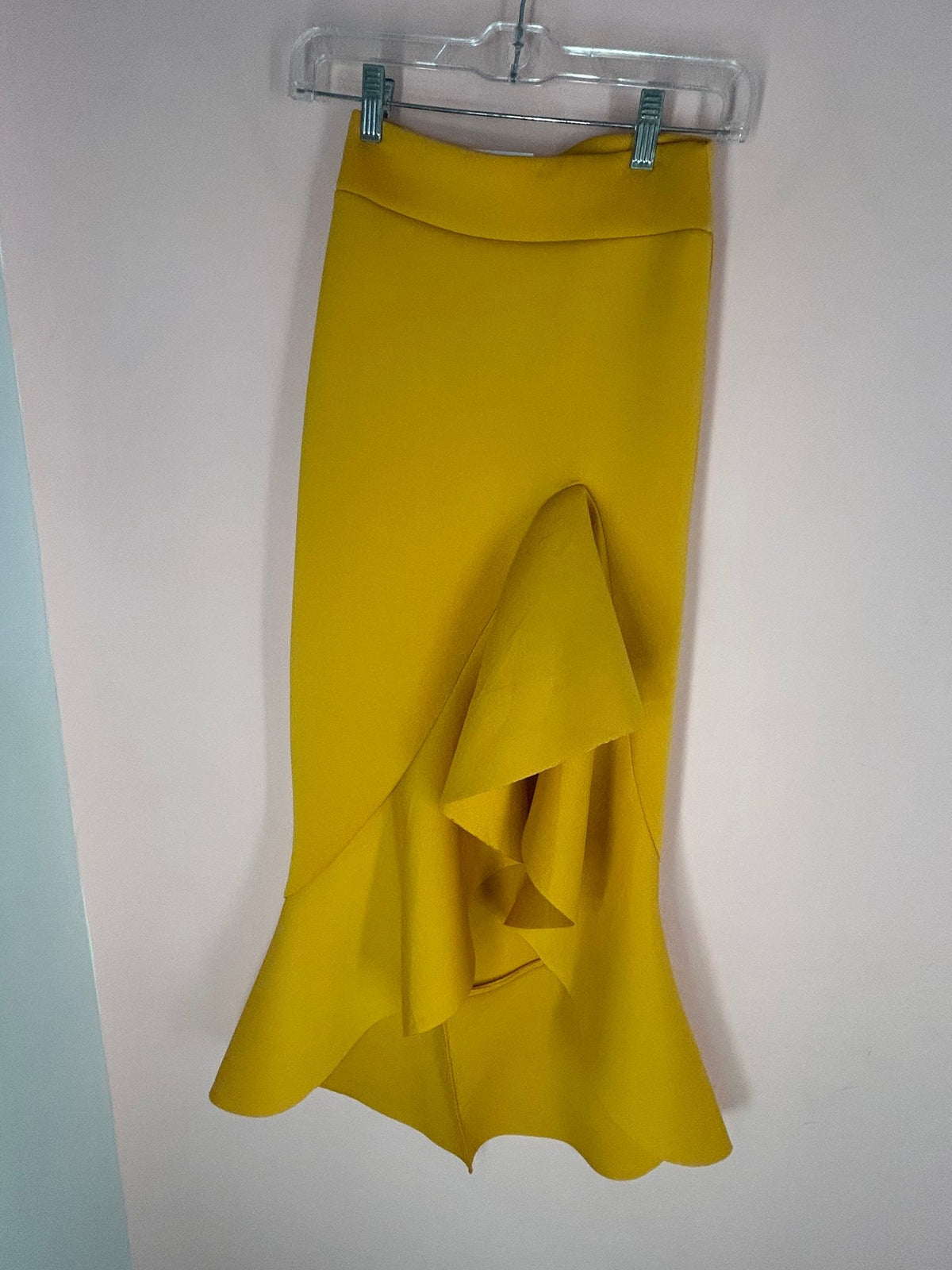 Detail view of midi Skirt for Women, Mustard Yellow Ruffle Mermaid Hem, Winwin Apparel