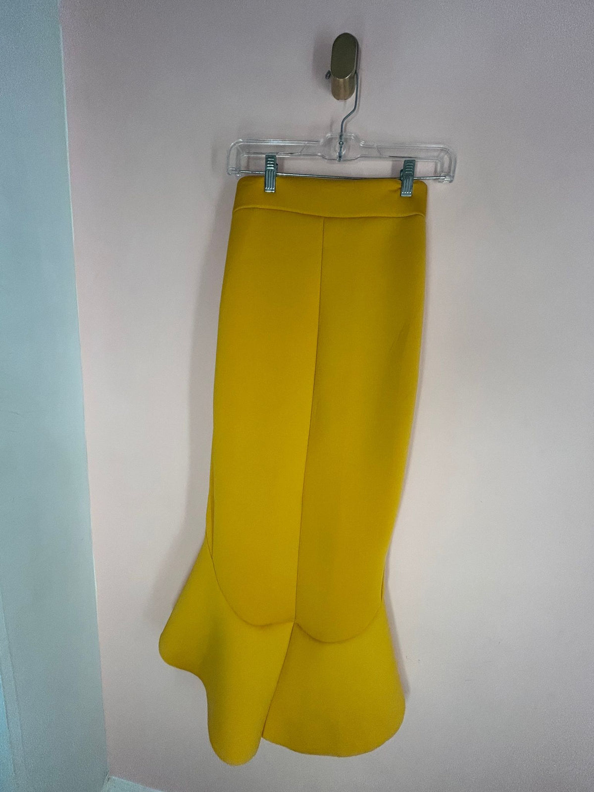 Front view of midi Skirt for Women, Mustard Yellow Ruffle Mermaid Hem, Winwin Apparel