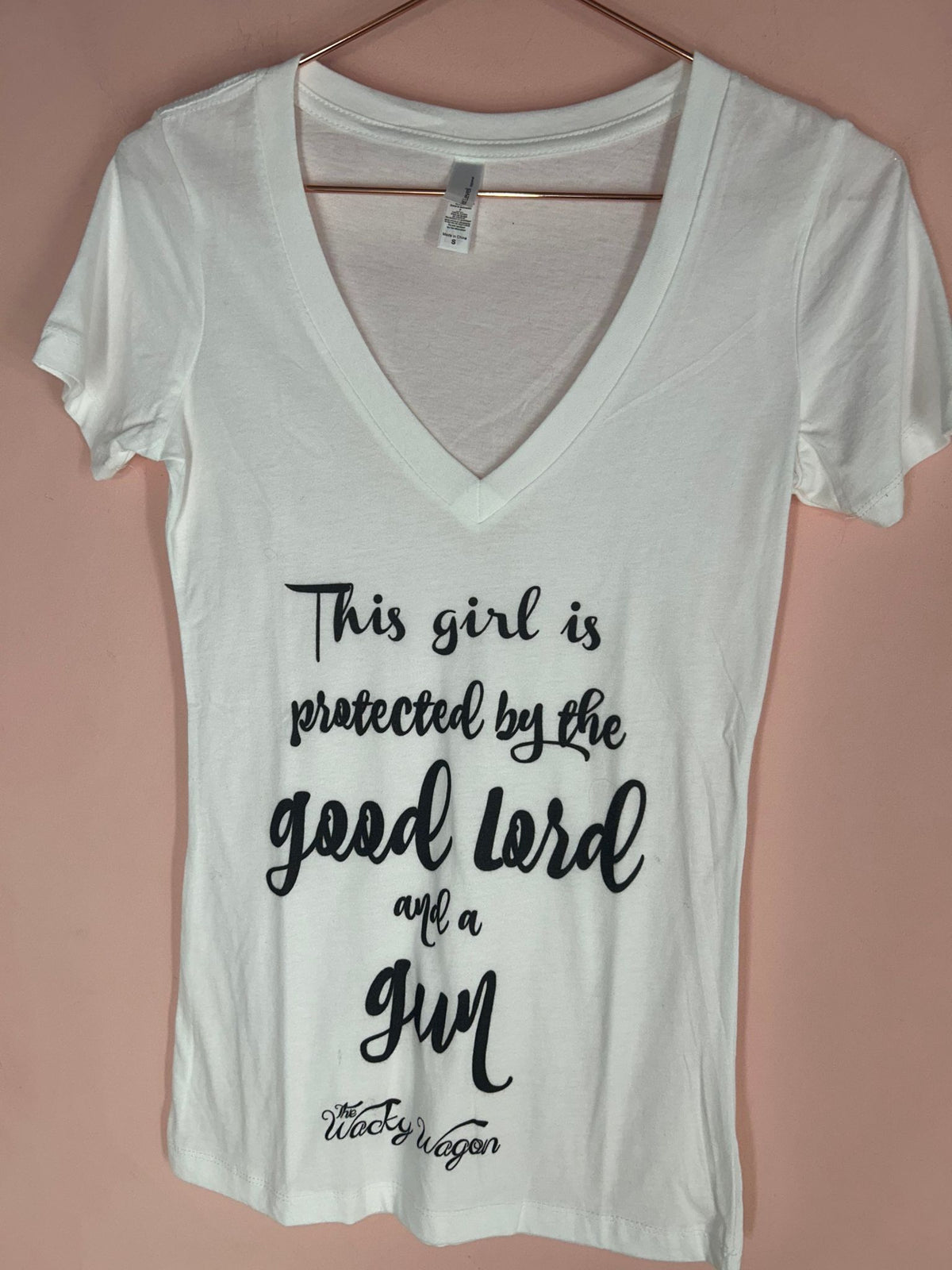 Front view of v-Neck Tee for Women, 'Good Lord and a Gun', The Wooly Wagon