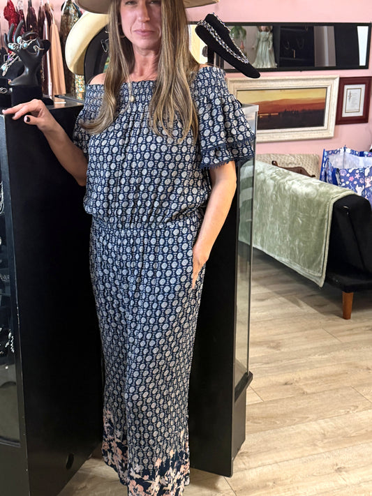 Xhilaration navy medallion print off-shoulder maxi worn in store at Regul Design Studio