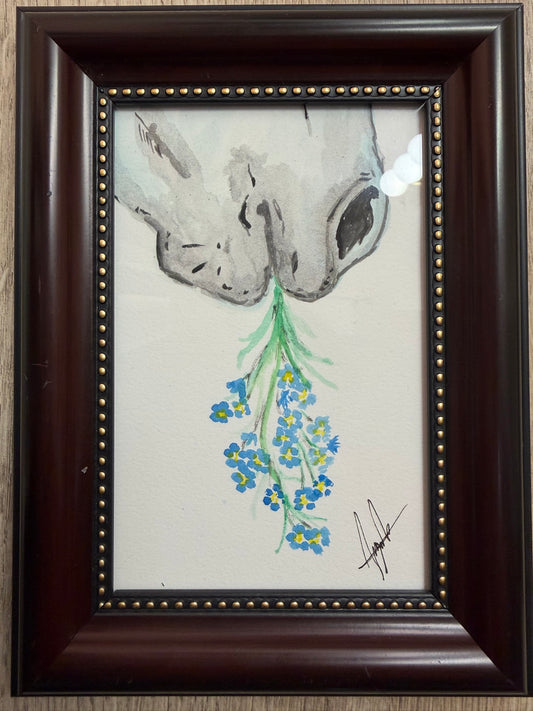 Inspired watercolor painting of two horses nose to nose sharing a stem of blue forget-me-not flowers, by Selena Angeles, framed in dark wood with a beaded gold inner trim